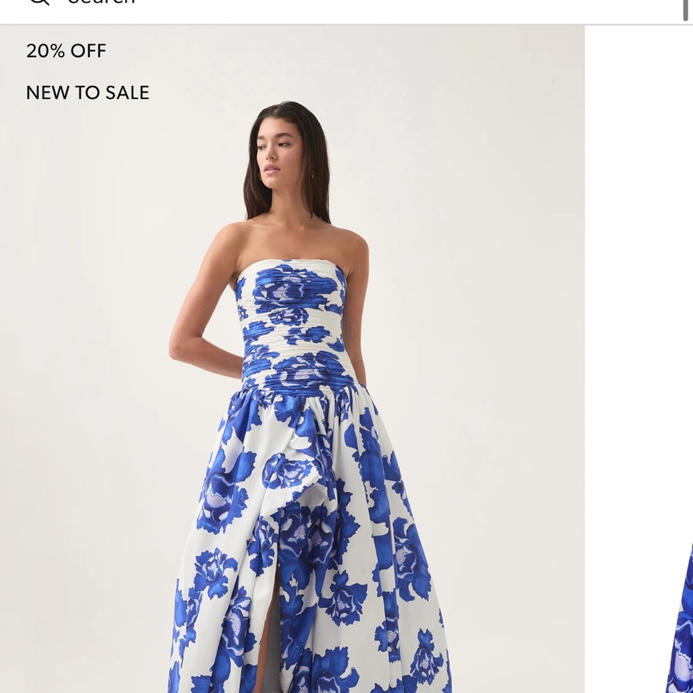 Aje Blue and White Pleated Strapless Gown